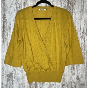 Woolovers Mustard Linen & Cotton Blend V Neck Crossover Jumper Size Small